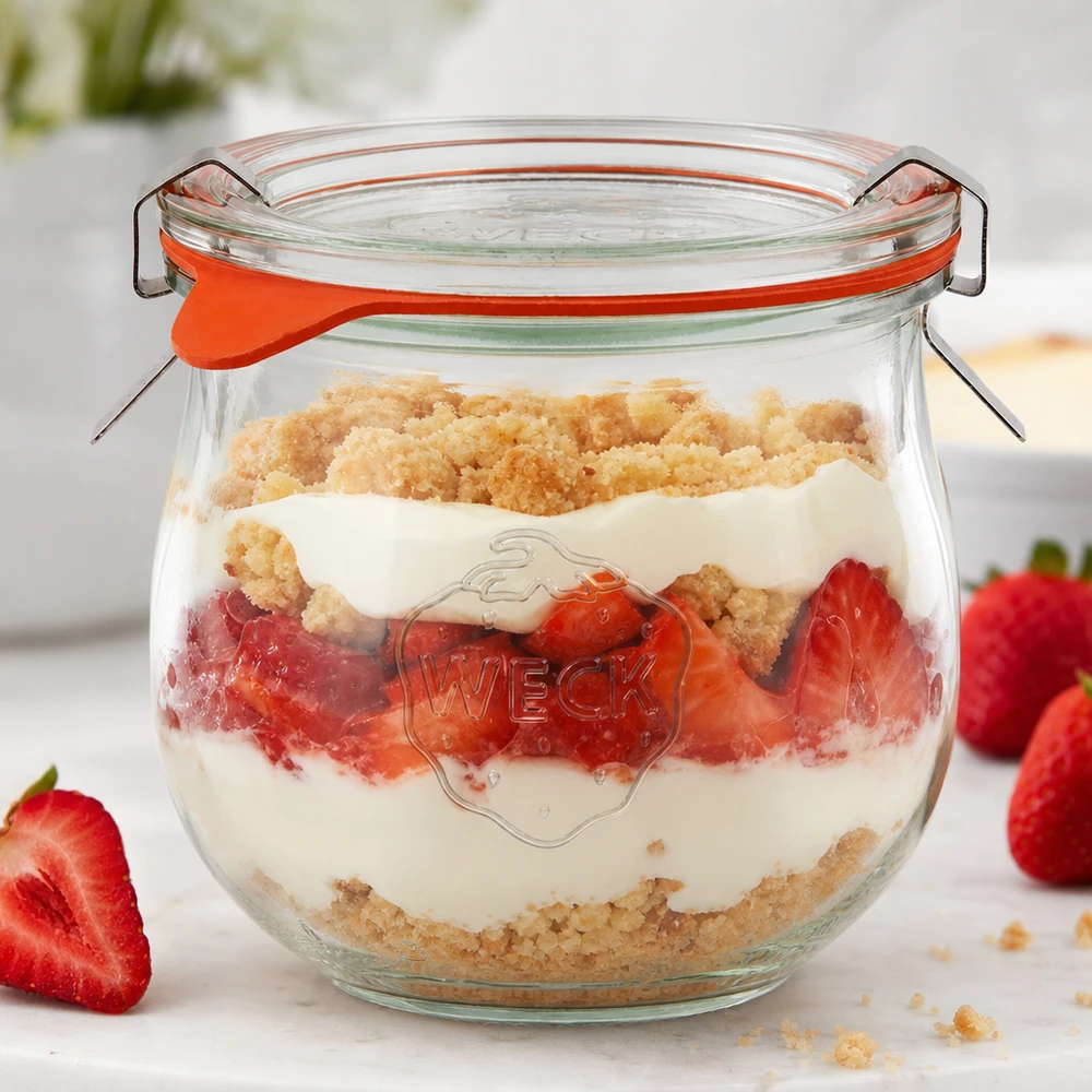 WECK słoik tulipan 370ml RR80 jako słoik deserowy wypełniony truskawkami i posypką obok świeżych owoców