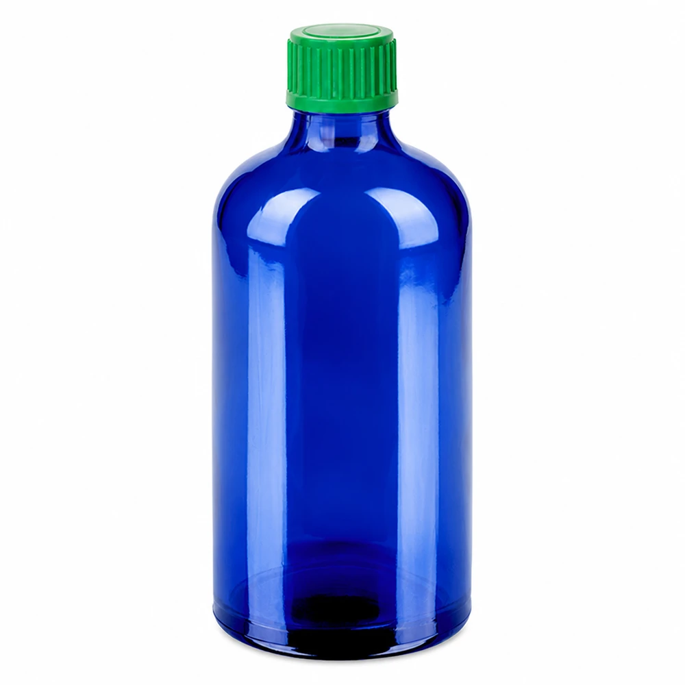 Niebieska butelka z zakraplaczem 100 ml z zieloną zakrętką i wkładem z zakraplaczem 0,8 mm do precyzyjnego dozowania