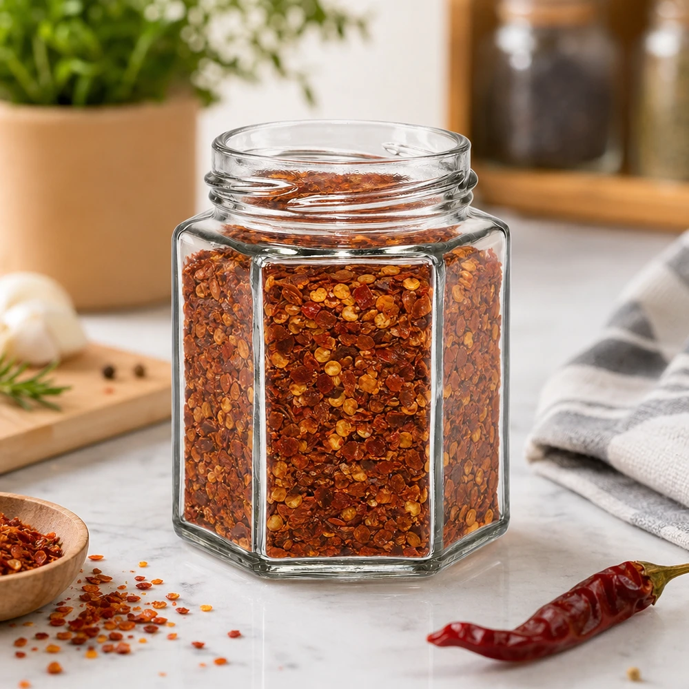 UNiTWIST Hexa196 sześciokątny słoik na przyprawy 196ml wypełniony płatkami chili na blacie kuchennym