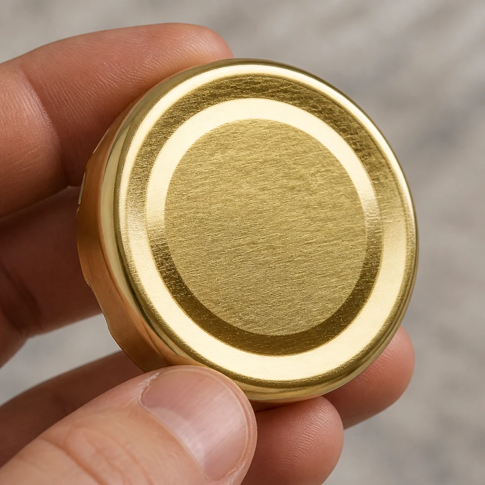 Okrągła, złota blaszana pokrywka 48 mm TO48 BasicSeal UniTwist z uchwytem na palec – widok z góry