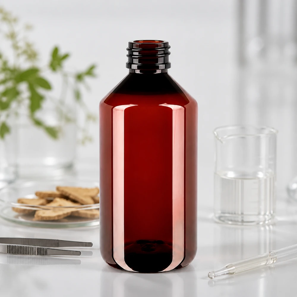 Bursztynowa butelka PET o pojemności 750 ml bez nakrętki, obok pipety laboratoryjnej i zlewki