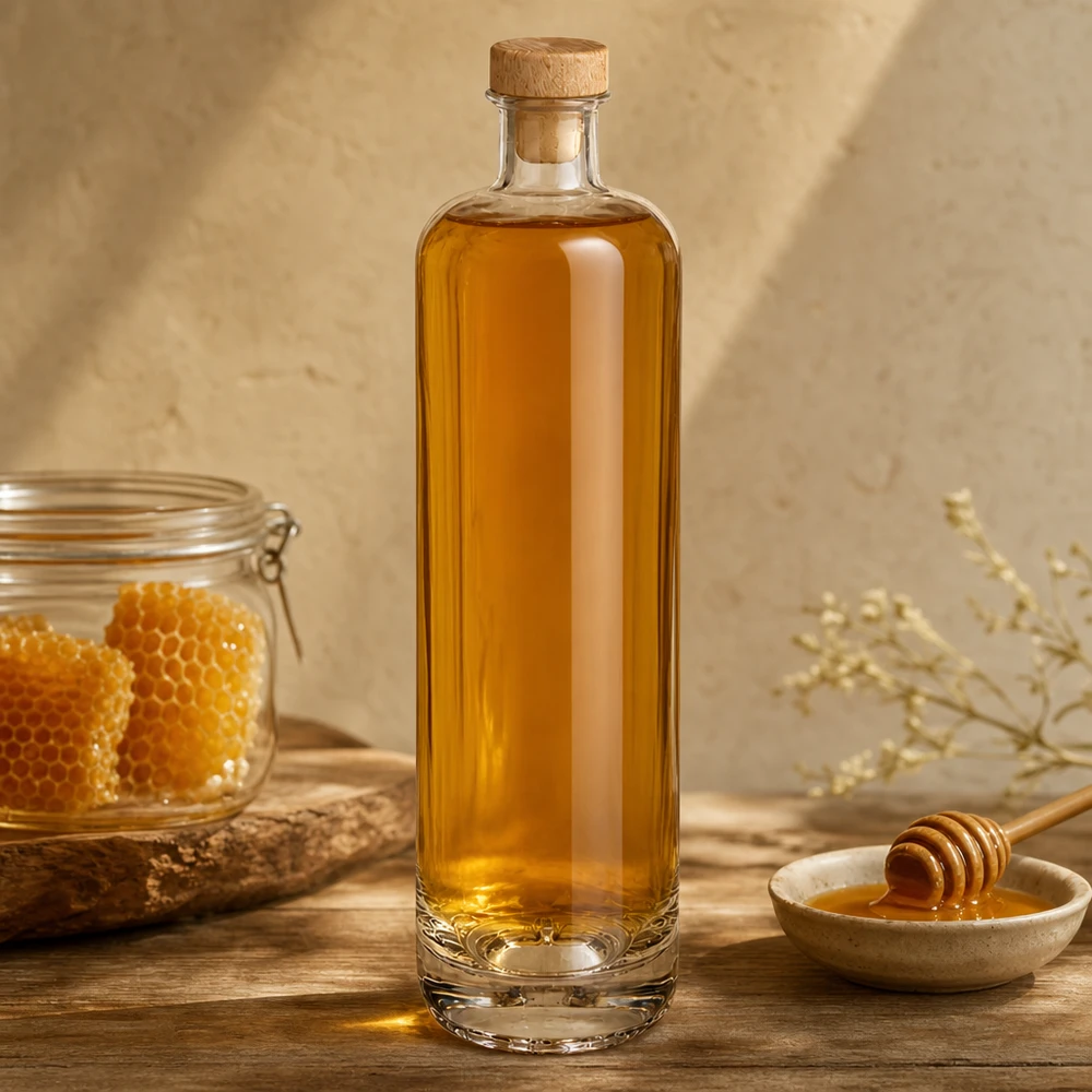 700 ml szklana butelka Ella wypełniona miodem i drewnianym korkiem obok plastra miodu i łyżki miodu na drewnianej podstawie