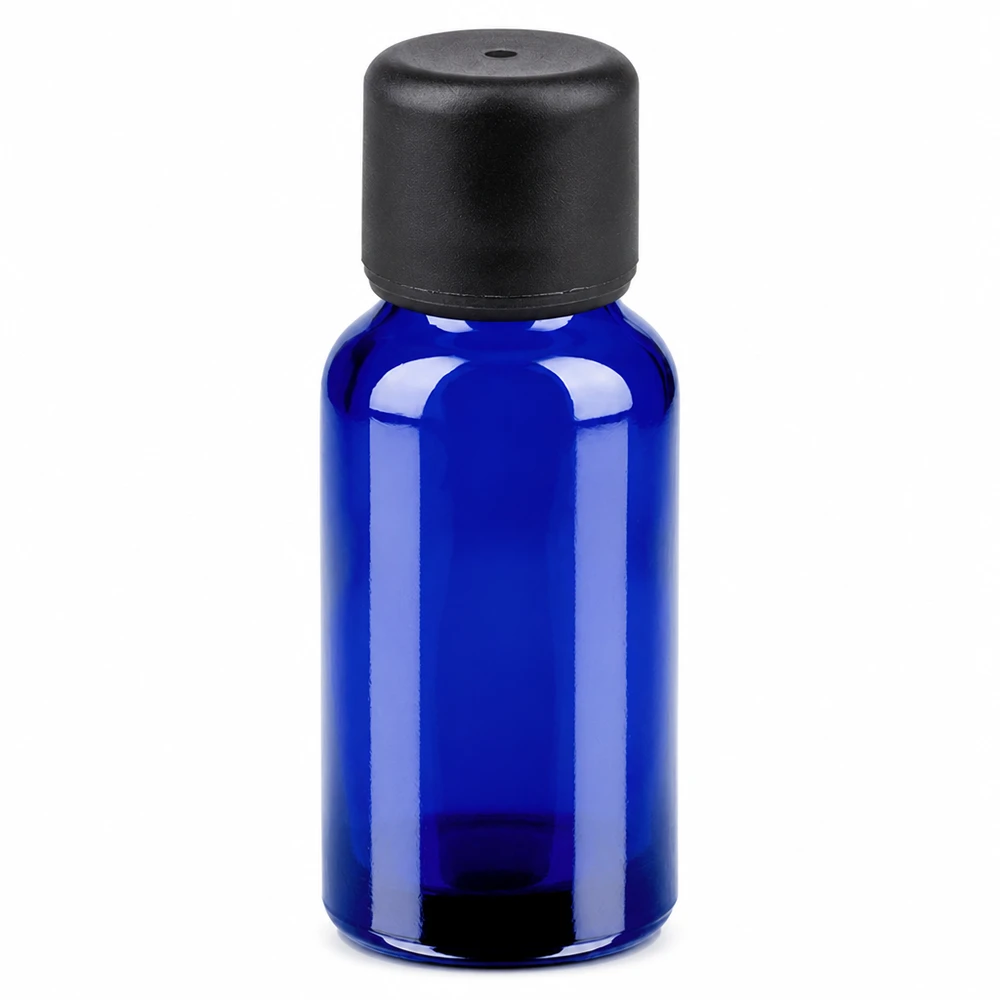 Butelka 20 ml 6 mm SV czarna STD BlueLine UT18/20 Niebieska szklana butelka 20 ml z czarną nakrętką SV 6 mm na olejki eteryczne i kosmetyki