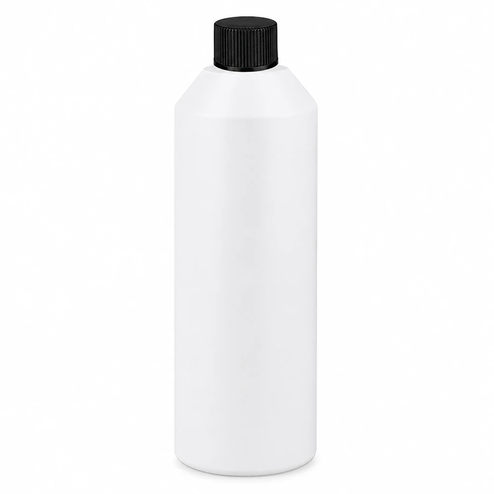 Biała butelka apteczna z HDPE o pojemności 250 ml z czarną zakrętką wykonaną z wytrzymałego tworzywa sztucznego
