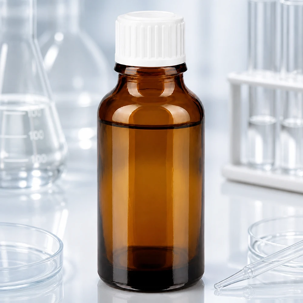 Butelka z zakraplaczem o pojemności 20 ml, z brązowego szkła z białą zakrętką, stosowana w warunkach laboratoryjnych