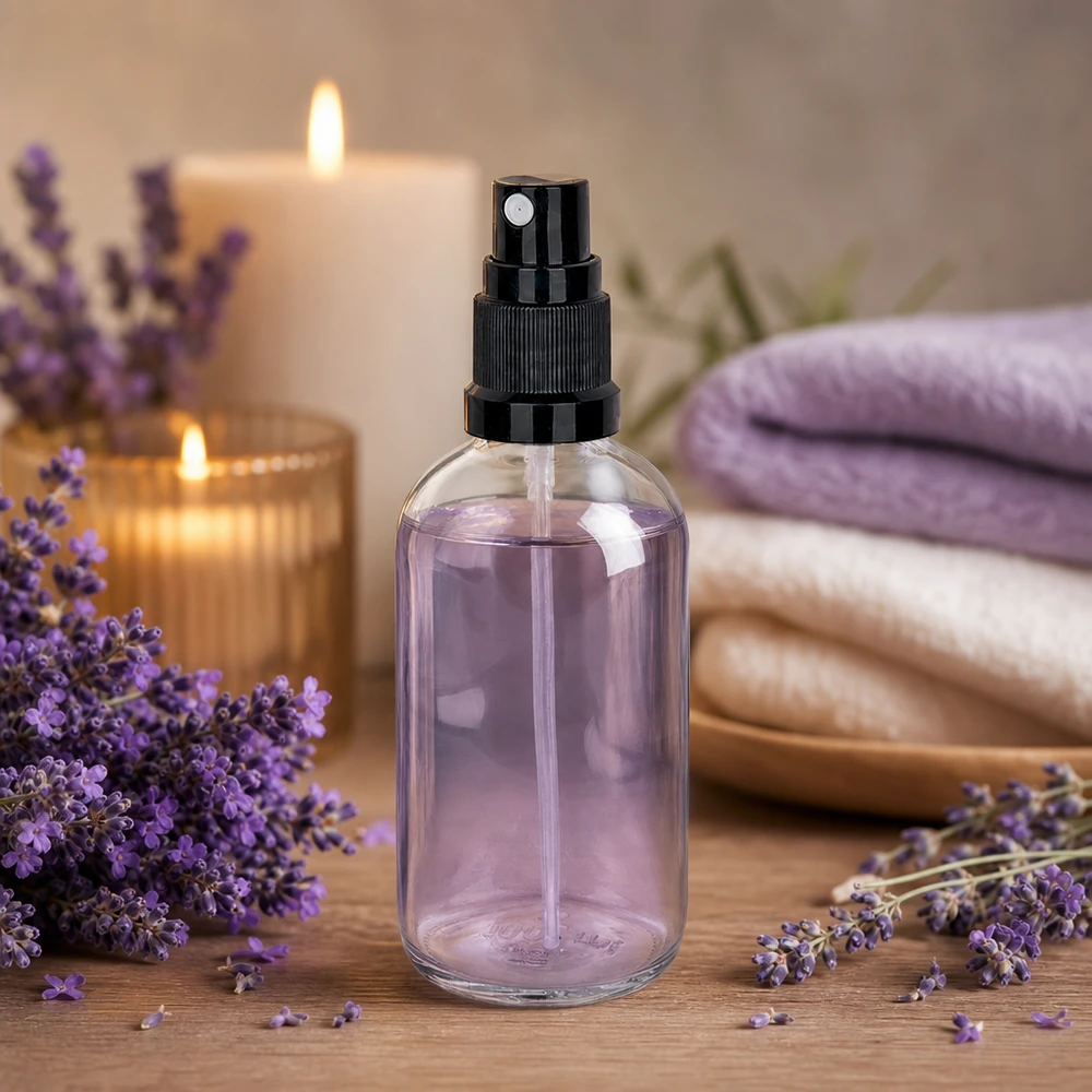 100 ml butelka ze spryskiwaczem czarna/przezroczysta STD ClearLine UT18/100 Szklana butelka z atomizerem o pojemności 100 ml z czarnym atomizerem, stojąca na drewnianym stoliku w otoczeniu kwiatów lawendy