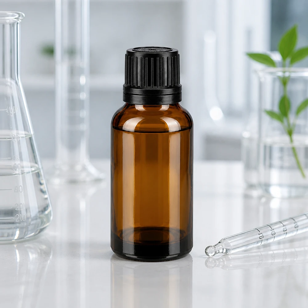 Butelka apteczna brązowa 20ml drip v. Pr. 1mm czarny OV 20 ml butelka z kroplomierzem z brązowego szkła z otworem o średnicy 1 mm i czarnym zamknięciem OV w laboratorium