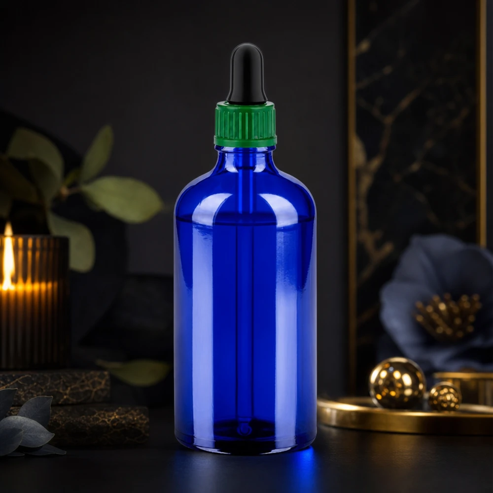 Butelka 100 ml 11 mm SV zielona STD BlueLine UT18/100 Elegancka butelka z zakraplaczem o pojemności 100 ml w kolorze kobaltowego błękitu z pipetą do precyzyjnego dozowania serum