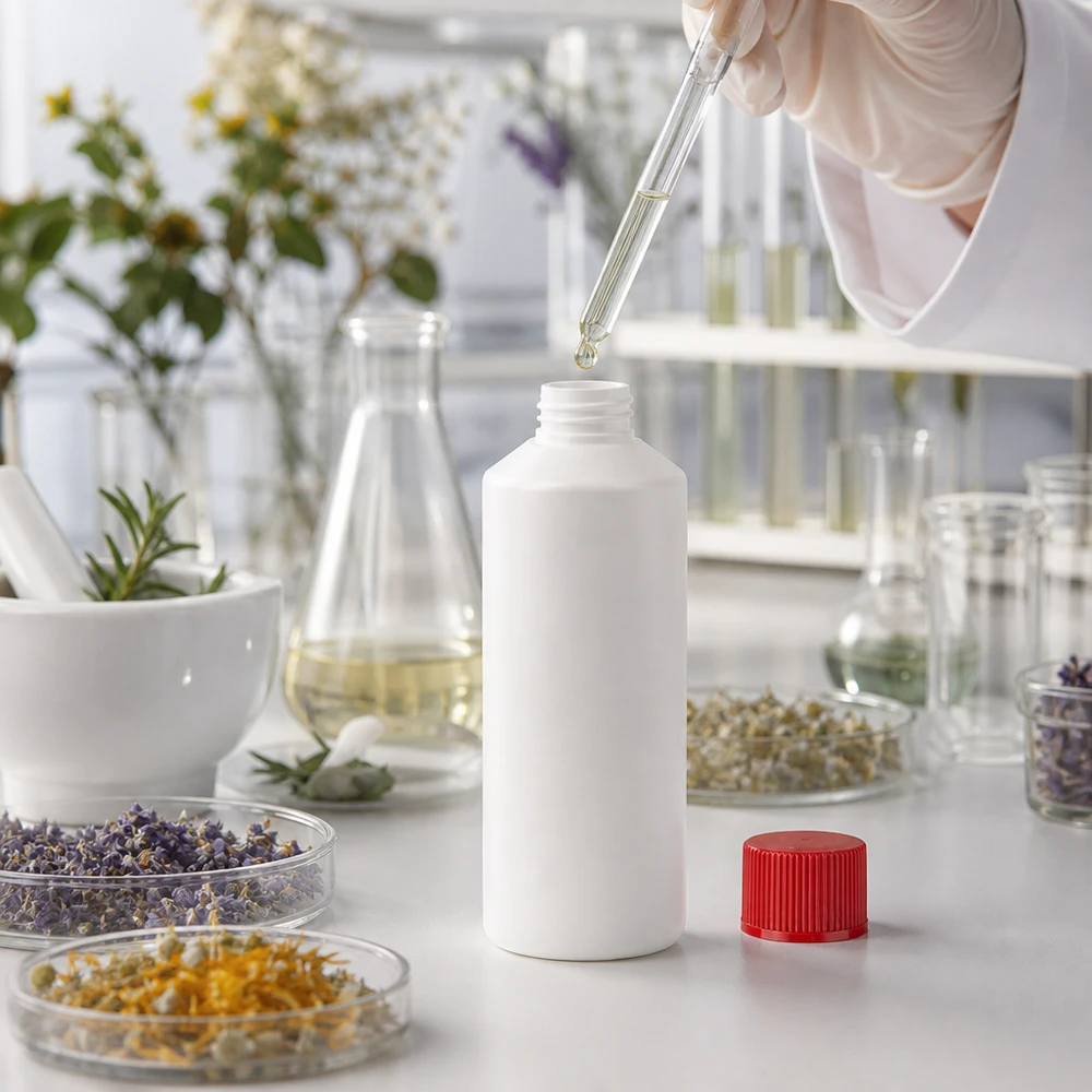 Butelka apteczna HDPE 100ml biała, z czerwonym SV Produkcja kosmetyków naturalnych z wykorzystaniem białej butelki z HDPE o pojemności 100 ml i czerwonego zamknięcia zabezpieczającego przed dziećmi
