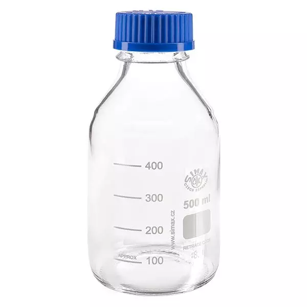 Butelka laboratoryjna gwintowana 500 ml z zakrętką, borokrzemianowa Butelka laboratoryjna gwintowana 500 ml z zakrętką, borokrzemianowa