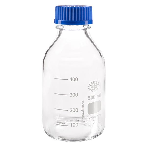 Butelka laboratoryjna gwintowana 500 ml z zakrętką, borokrzemianowa Butelka laboratoryjna gwintowana 500 ml z zakrętką, borokrzemianowa