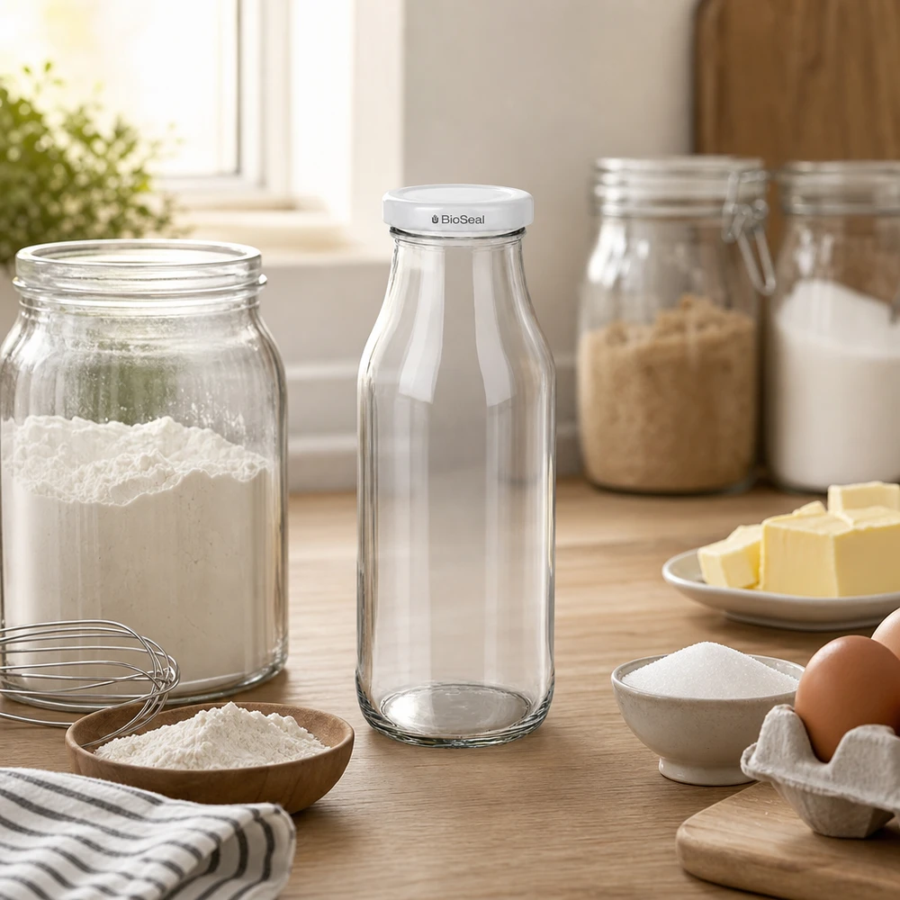 UNiTWIST Bottle263 pusta szklana butelka z białą pokrywką BioSeal na drewnianym stole pomiędzy składnikami do pieczenia i przyborami kuchennymi