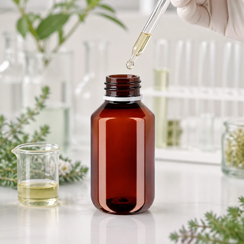 Bursztynowa butelka z tworzywa sztucznego o pojemności 100 ml z pipetą kroplową w środowisku laboratorium medycznego