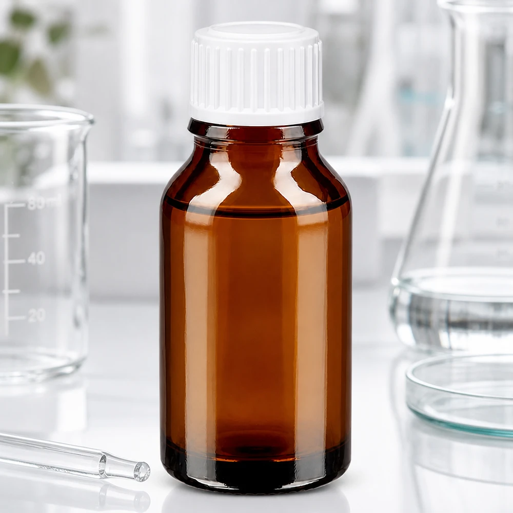 Butelka medyczna ze szkła bursztynowego o pojemności 15 ml z białą zakrętką w laboratorium
