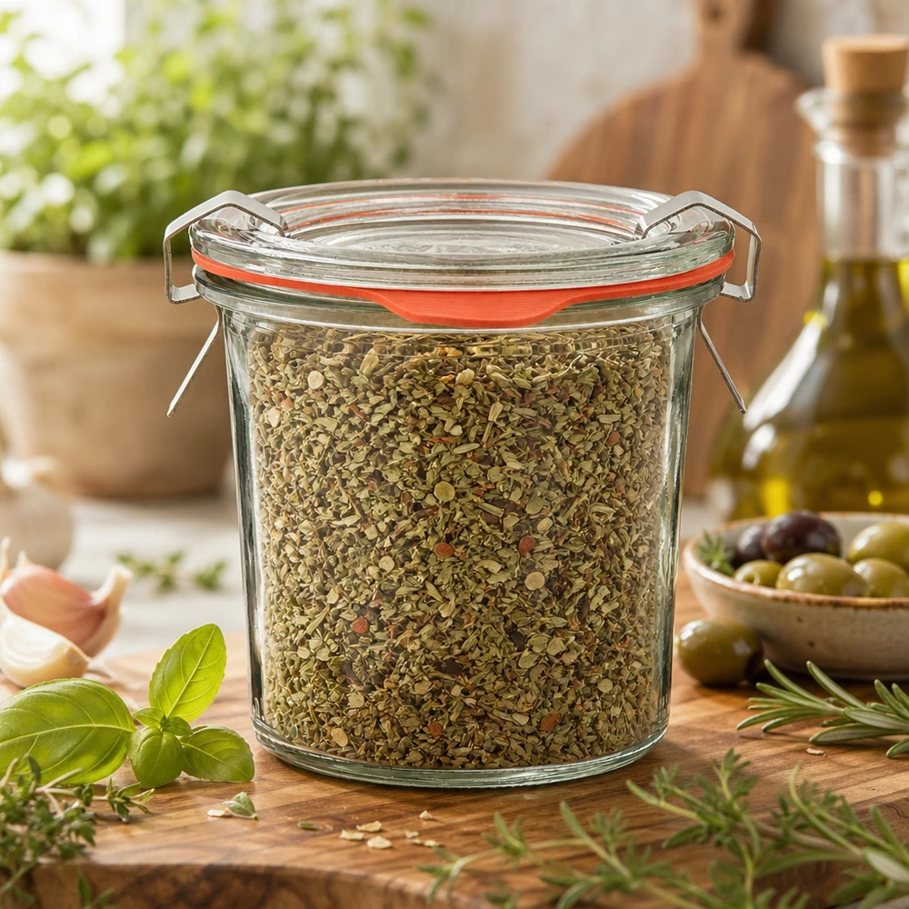 Słoik na przyprawy Pomysł: Mini słoik WECK 140 ml Słoiczek WECK Mini 140 ml z mieszanką śródziemnomorskich ziół i pomarańczowym gumowym pierścieniem