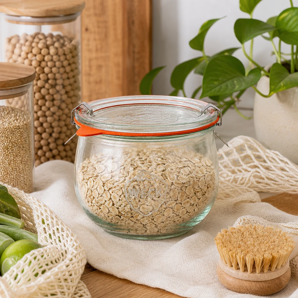 Słoik tulipan 580ml kompletny WECK RR100 Słoik WECK tulipan 580ml RR100 do przechowywania płatków owsianych w zrównoważonej kuchni z naturalnych materiałów