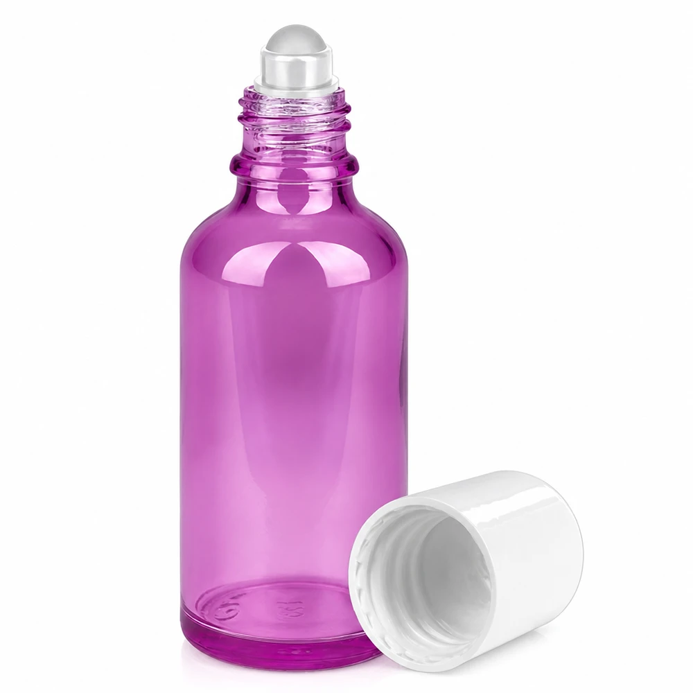 Butelka typu roll-on 50 ml, biała, standardowa PurpleLine UT18/50 Butelka roll-on 50 ml fioletowa przezroczysta z kulką do olejków eterycznych i serum