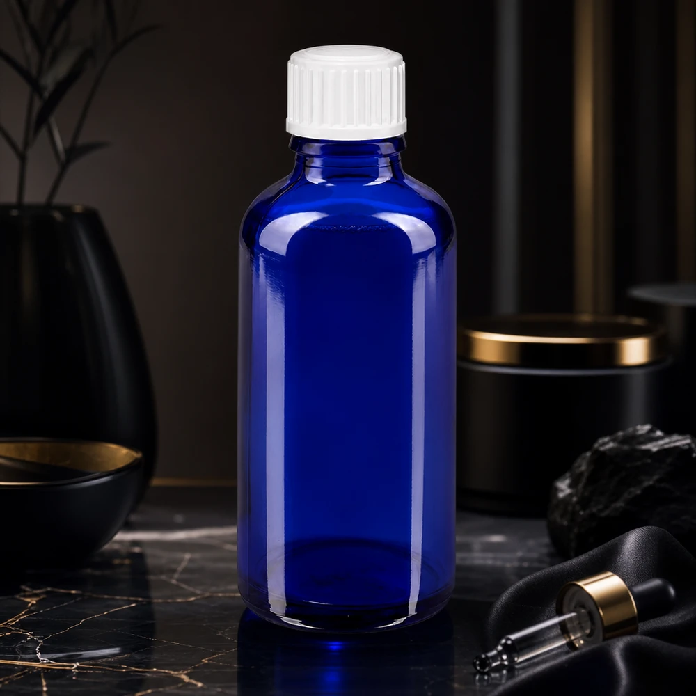 Kobaltowo-niebieska butelka apteczna o pojemności 50 ml, wykonana z wysokiej jakości szkła, z białym zakraplaczem o średnicy otworu 3 mm