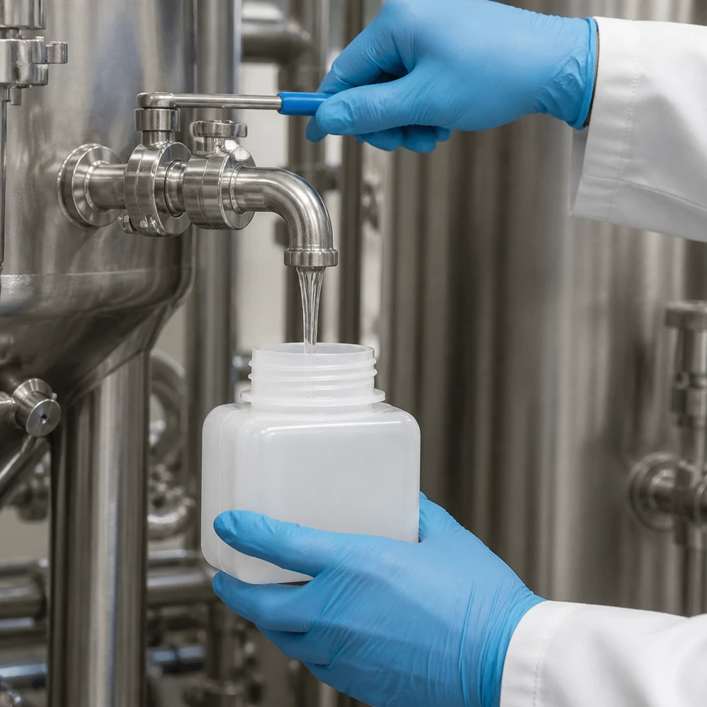 Butelka na chemikalia 250 ml, z szeroką szyjką, z PE-HD, w kolorze naturalnym Laborant w niebieskiej rękawiczce pobiera próbkę cieczy do butelki z polietylenu wysokogęstościowego (PE-HD) o szerokiej szyjce i pojemności 250 ml ze zbiornika przemysłowego