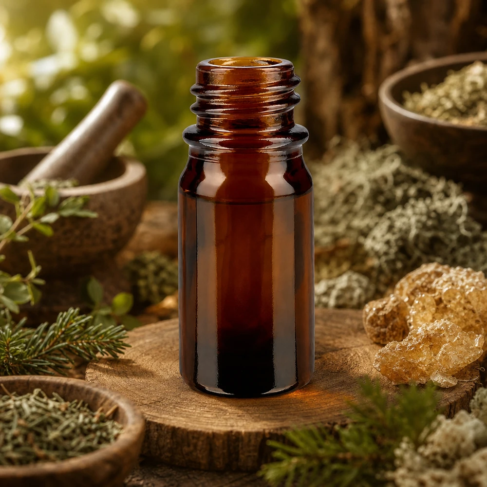 5 ml brązowa butelka apteczna ApoGlas na pniu drzewa z naturalnymi kryształami, ziołami i moździerzem w leśnej atmosferze