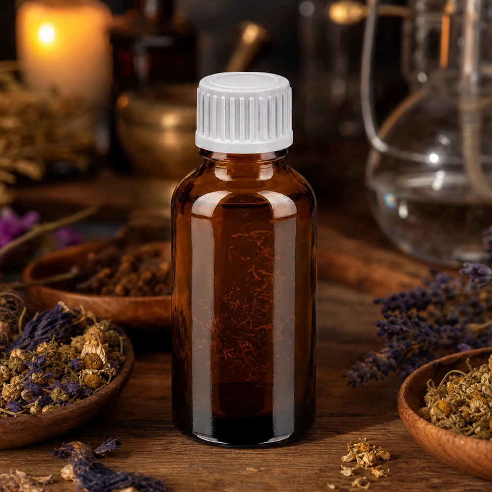 Butelka z kroplomierzem 30 ml 0,9 mm biała STD BrownLine UT18/30 Kompaktowa butelka aptekarska 30 ml z precyzyjnym systemem kroplowym 0,9 mm do aromaterapii