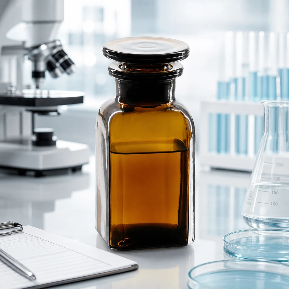 Brązowa butelka kwadratowa o pojemności 100 ml z szklanym korkiem w laboratorium, obok mikroskopu i kolby Erlenmeyera