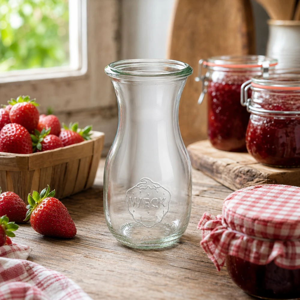 Butelka soku WECK 290ml RR60 w rustykalnej kuchni ze świeżymi truskawkami i domową konfiturą