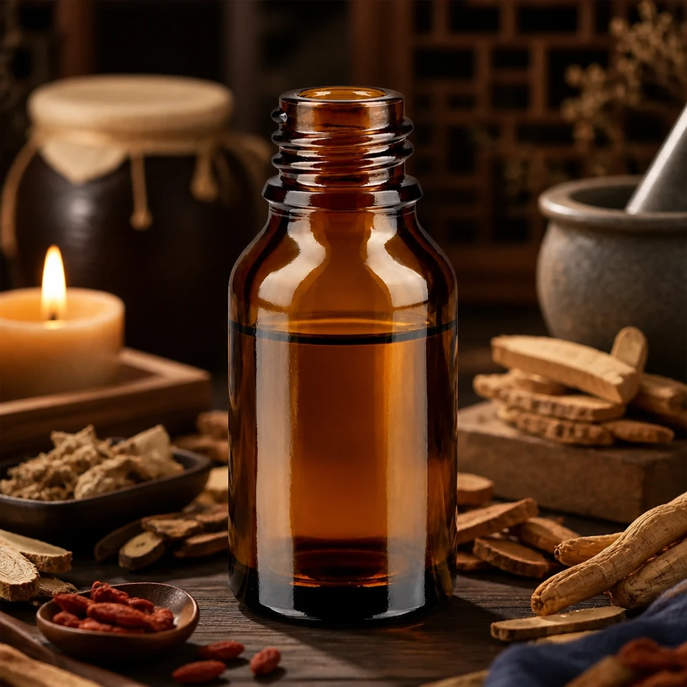 Butelka z zakraplaczem 15 ml DIN 18 szkło bursztynowe 15 ml brązowa butelka aptekarska ApoGlas z korzeniem żeń-szenia, przyprawami i świecą w tradycyjnym środowisku leczniczym