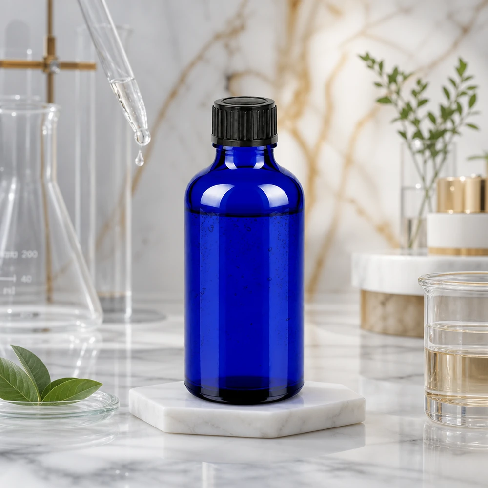 Szklana butelka laboratoryjnej jakości o pojemności 50 ml z gwintem UT18/50 i czarną zakrętką OV do bezpiecznego przechowywania