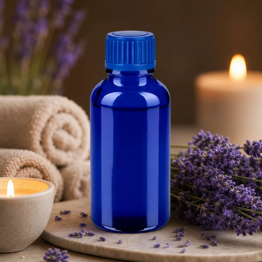 Butelka 30 ml 11 mm SV niebieska STD BlueLine UT18/30 30 ml butelka aptekarska w kolorze kobaltowego błękitu wykonana ze szkła chroniącego przed promieniowaniem UV do aromaterapii