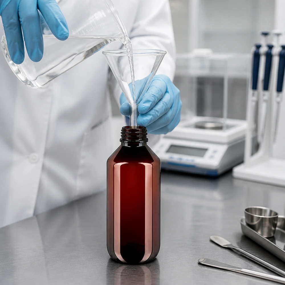 Laborant napełnia brązową butelkę PET o pojemności 200 ml z czerwonym zamknięciem płynem za pomocą szklanego lejka