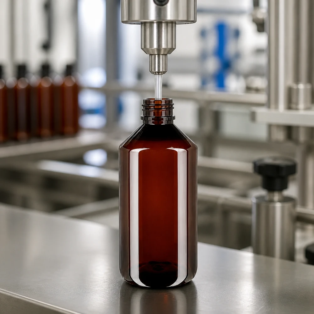 Butelka PET 750 ml z niebieską nakrętką OV Automatyczna linia rozlewnicza napełnia w trakcie produkcji brązowe butelki PET o pojemności 750 ml z niebieskimi nakrętkami