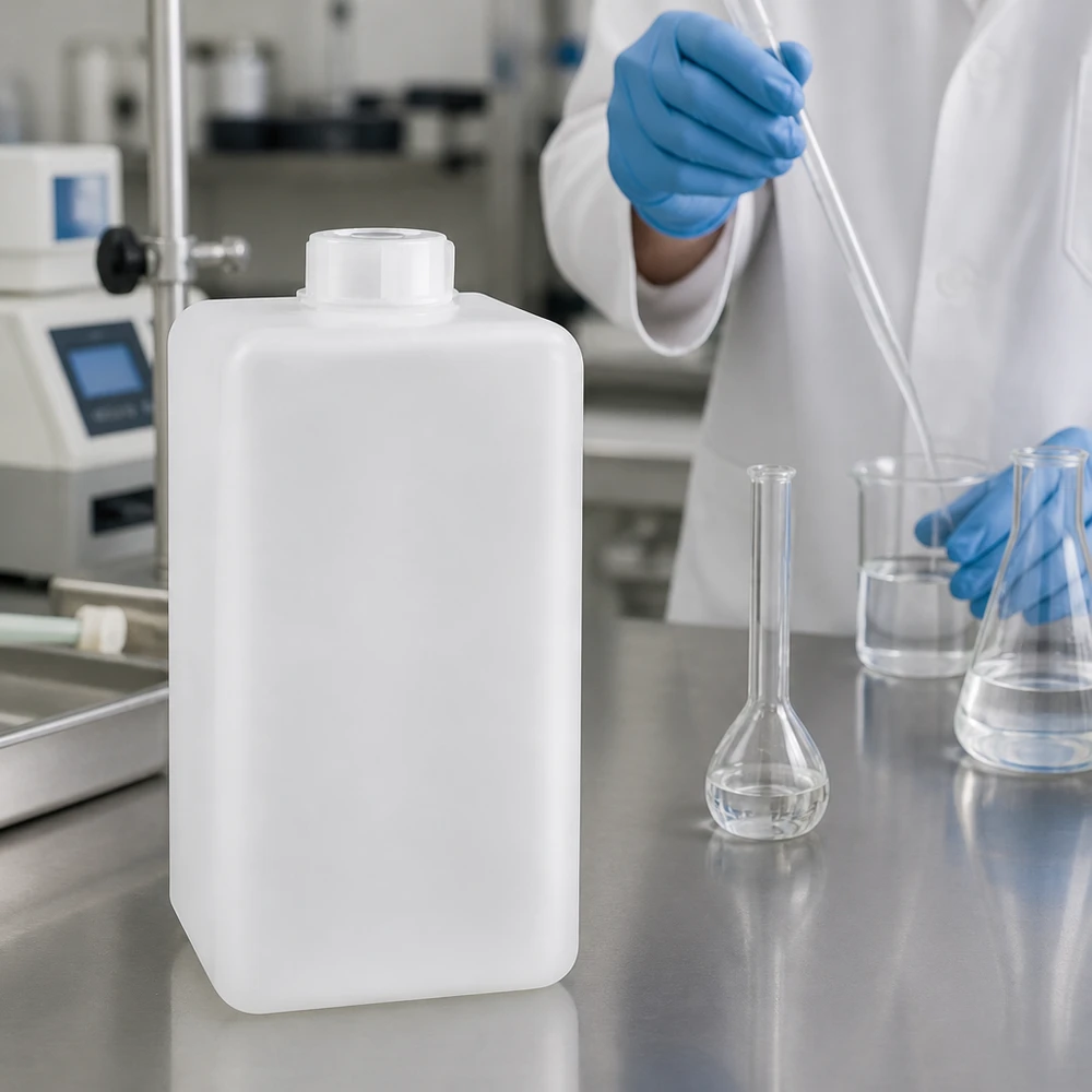 Butelka na chemikalia 1500 ml, wąska szyjka z PE-HD, kolor naturalny Butelka na chemikalia o pojemności 1500 ml, z polietylenu wysokogęstościowego (PE-HD), z wąską szyjką, w kolorze naturalnym, z oznaczeniem pojemności, przeznaczona do zastosowań przemysłowych