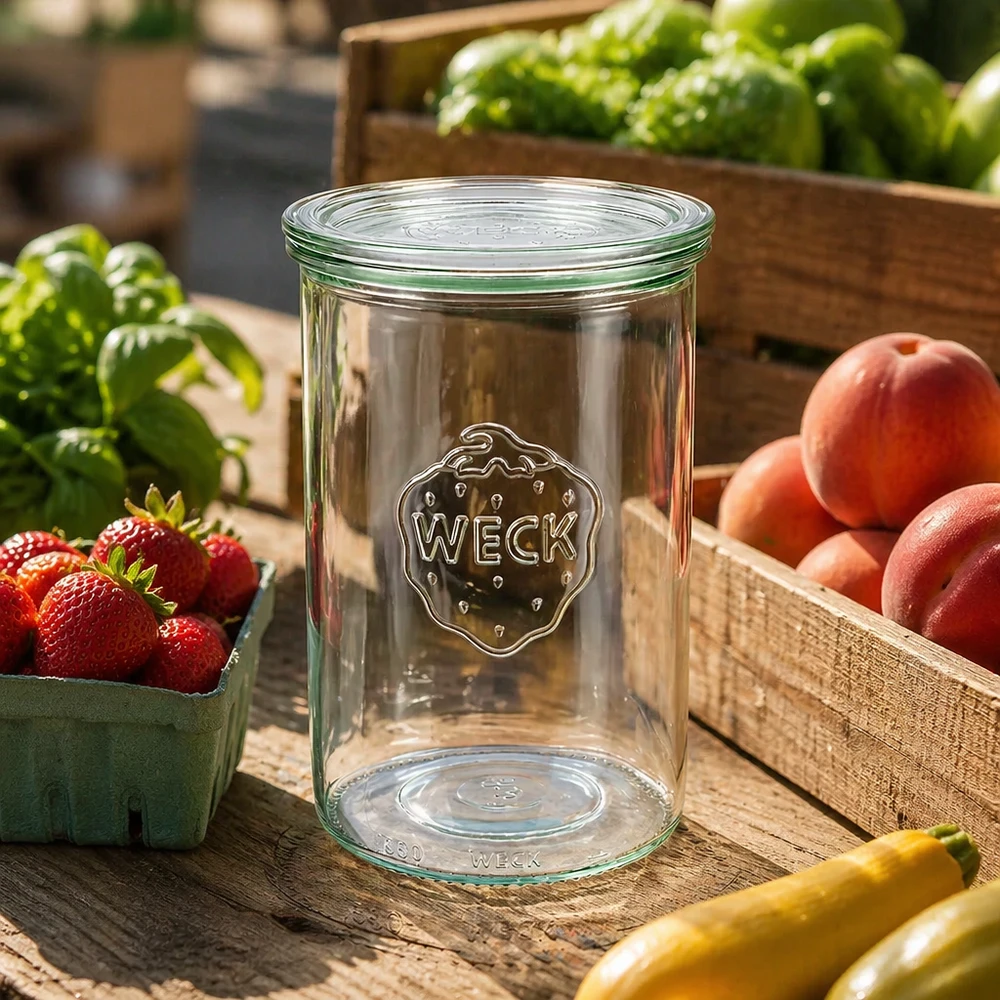 Kubki o pojemności 1000 ml ze szklaną pokrywką WECK RR100 Kubki WECK 1000ml RR100 puste na zewnątrz na drewnianym stole w otoczeniu świeżych owoców i warzyw w drewnianych skrzynkach