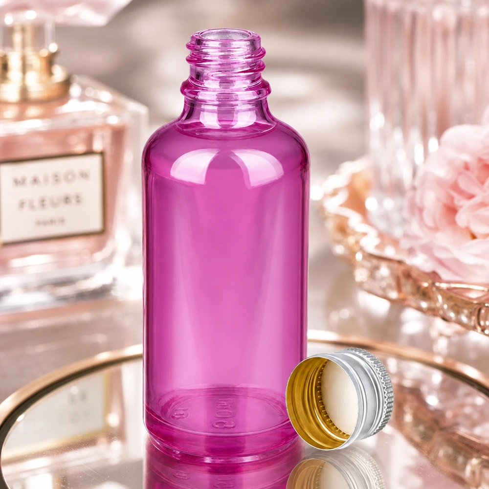 Butelka 50 ml 11 mm z aluminiowo-srebrną zakrętką PurpleLine.UT18/50 Elegancka butelka z fioletowego szkła o pojemności 50 ml z aluminiowo-srebrną zakrętką premium na luksusowe kosmetyki