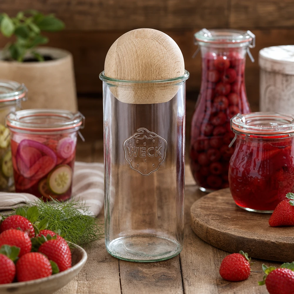 Tumbler 1500ml WECK RR100 z drewnianą kulką buk Kubki WECK 1500 ml RR100 ułożone dekoracyjnie ze słoikami dżemu i świeżymi truskawkami na drewnianym stole