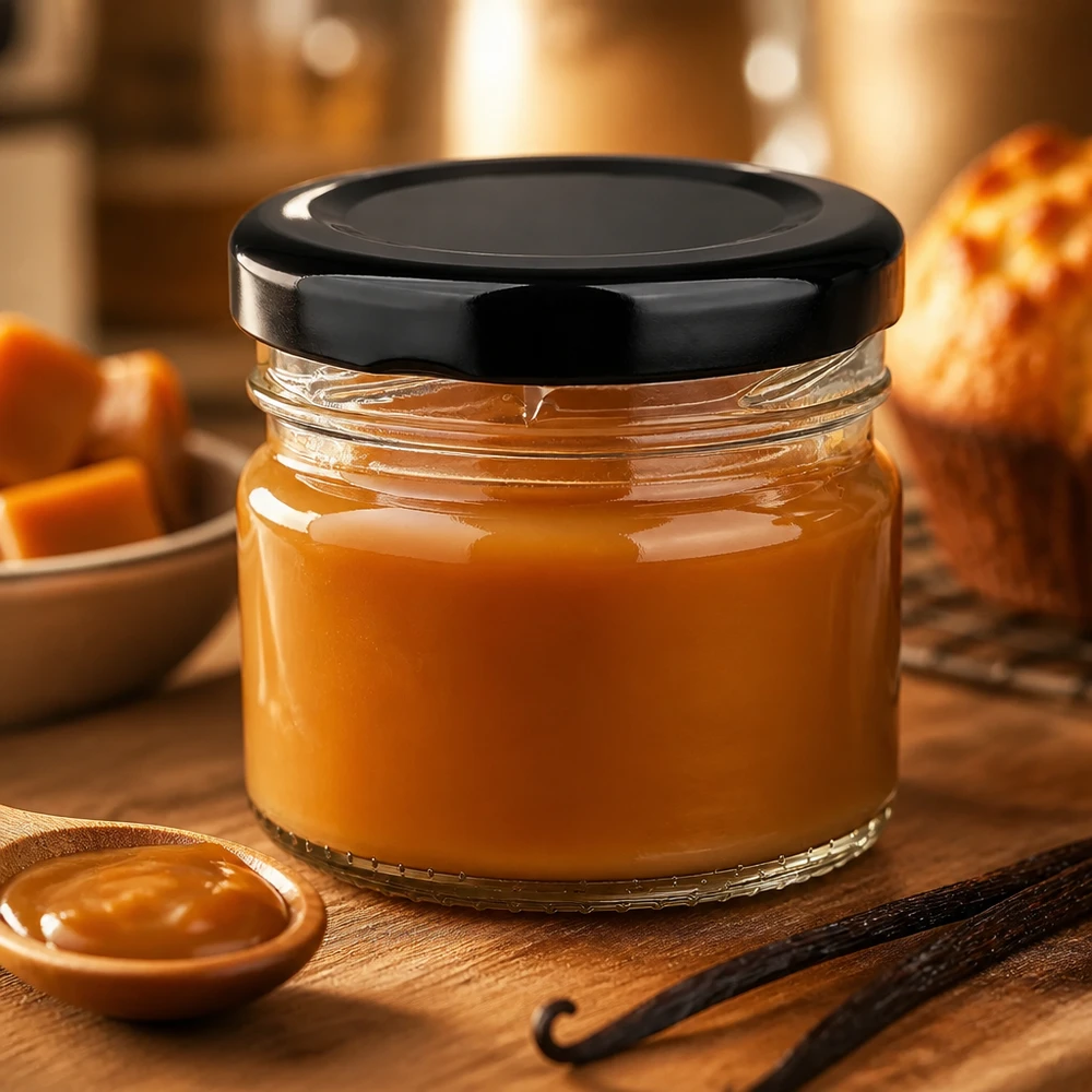 Krem karmelowy w okrągłej szklanej butelce o pojemności 33 ml z czarną nakrętką BasicSeal, obok lasek wanilii na drewnie