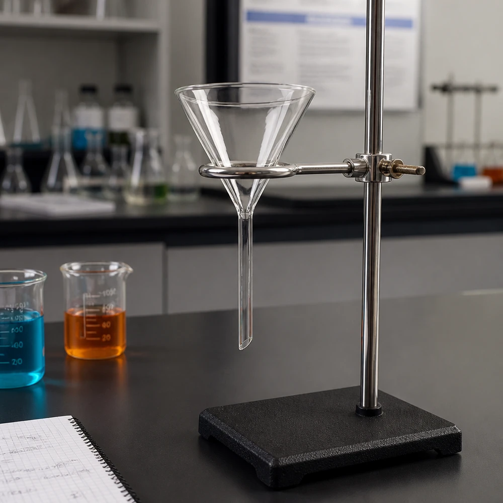 Lejek Ø 80 mm do wapna sodowanego, kąt 60°, krótki Precyzyjny lejek laboratoryjny o średnicy 80 mm, wykonany z odpornego na chemikalia szkła sodowo-wapniowego, zapewniający bezpieczne użytkowanie