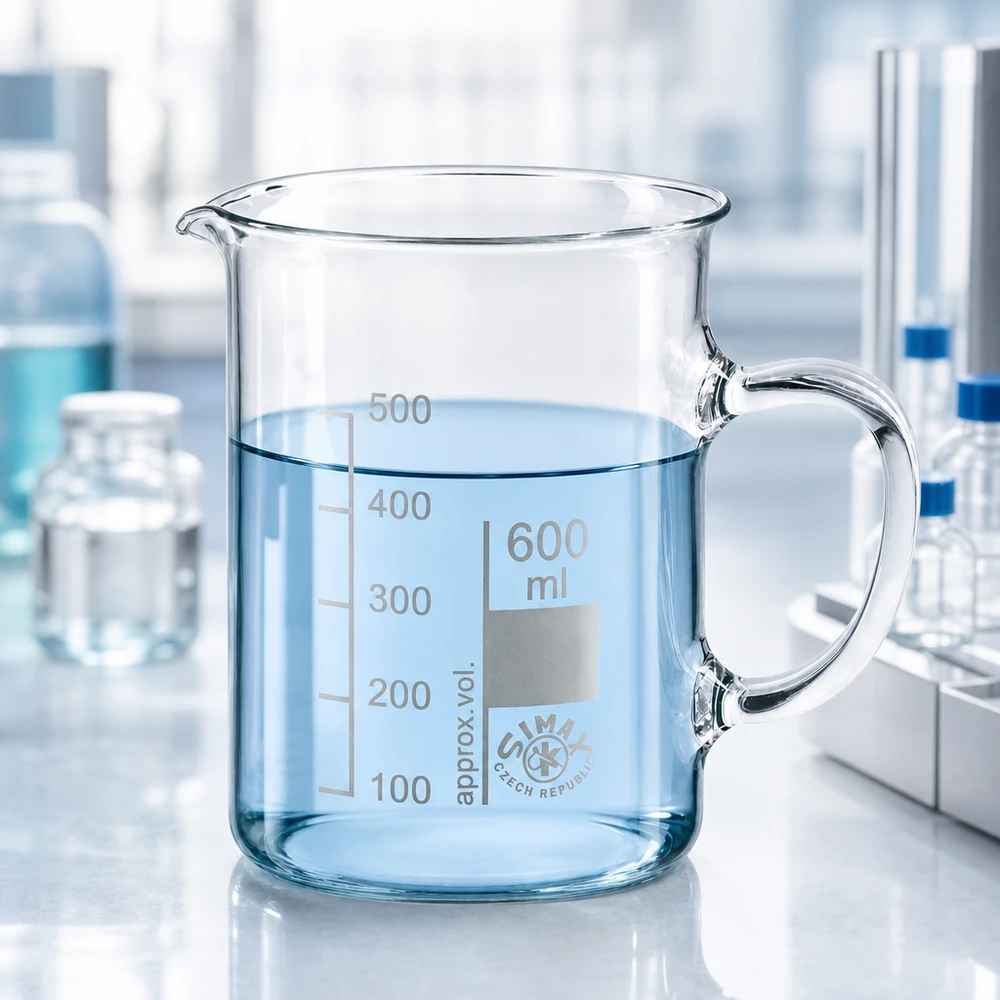 Zlewka 600 ml ze szkła borokrzemowego, z uchwytem Szklanka Simax o pojemności 600 ml z uchwytem, wykonana z przezroczystego szkła borokrzemowego, w połowie napełniona wodą