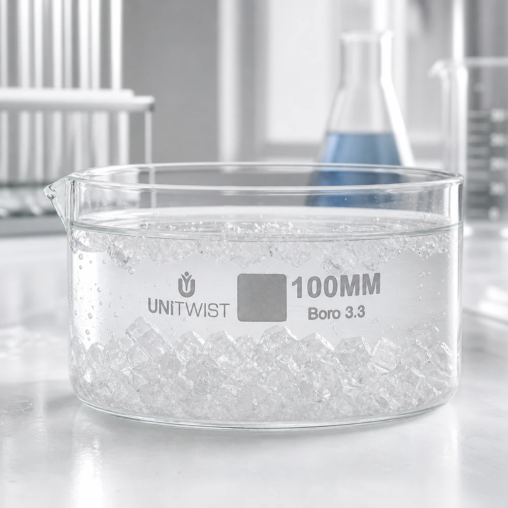 UNiTWIST Miska do krystalizacji 100 mm wypełniona kostkami lodu, laboratoryjna, ze szkła borokrzemowego, przezroczysta