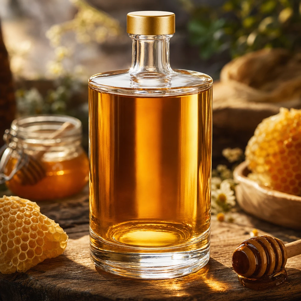 Butelka szklana 500 ml Sam + zakrętka UNiTWIST® Glasflasche Sam 500ml mit Honig befüllt rustikale Küchendeko Bienenwaben Honiglöffel UNiTWIST gold Verschluss