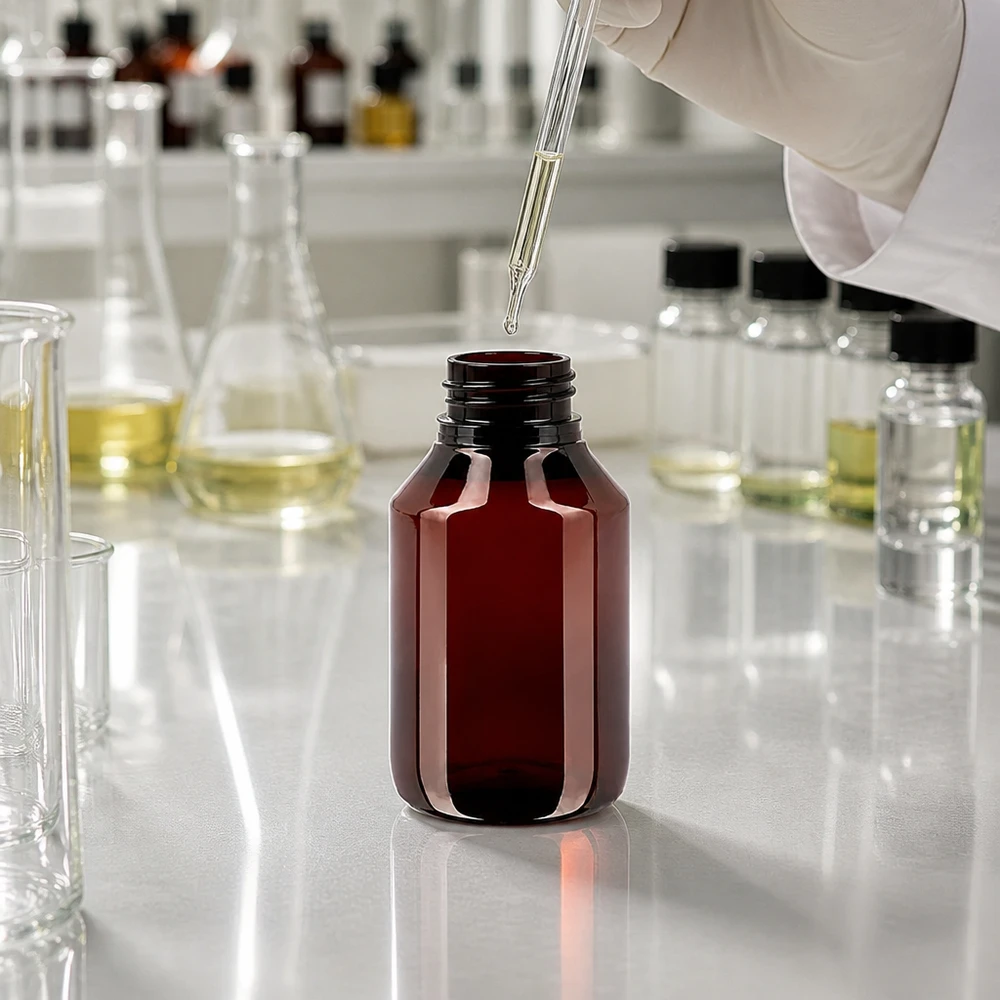 Kompaktowa okrągła butelka o pojemności 50 ml, wykonana z tworzywa PET, z czerwonym zamknięciem odgazowującym, przeznaczona do zastosowań laboratoryjnych