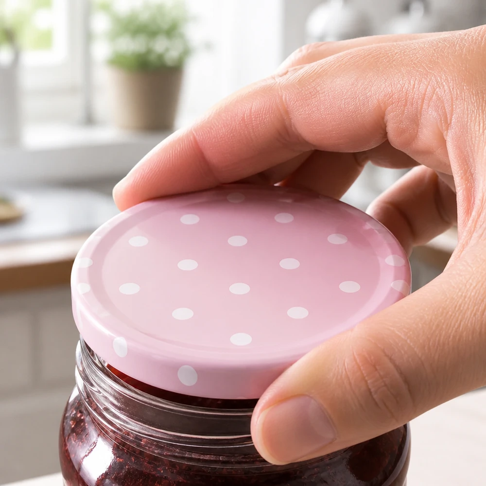 58mm BasicSeal Deckel Punkte rosa matt (TO58) UNiTWIST Różowa, matowa nakrętka TO58 o średnicy 58 mm jest zakręcana na słoiku z dżemem