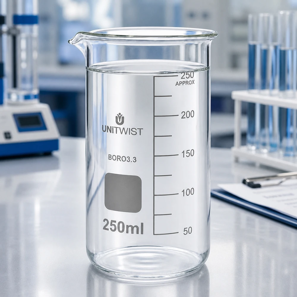 Pusta szklanka UNITWIST o pojemności 250 ml, wysoka, wykonana ze szkła borokrzemowego 3.3, stojąca na stole laboratoryjnym, z podziałką