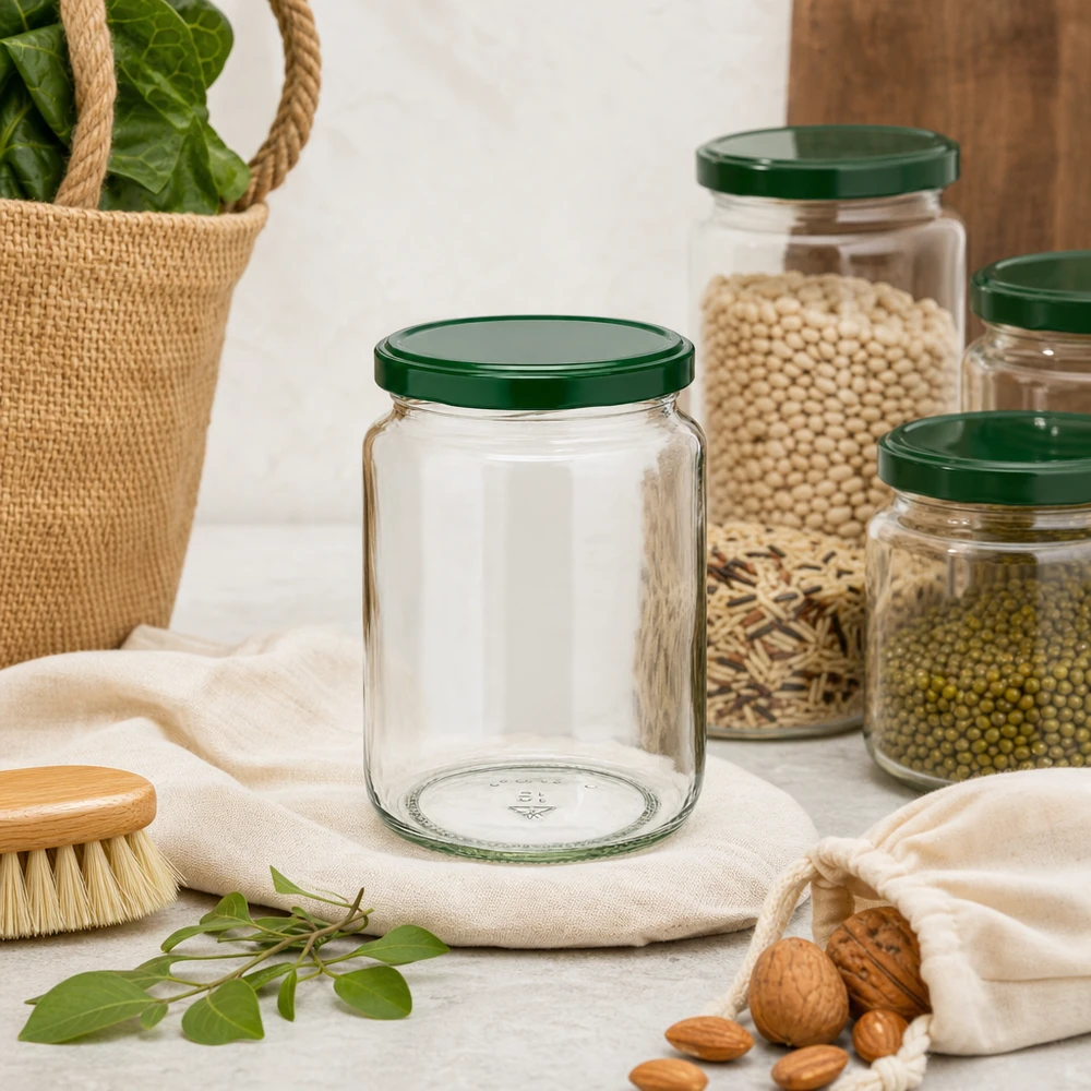 Słoik okrągły 795 ml + pokrywka BasicSeal zielona UNiTWIST 795ml Rundglas UNiTWIST mit grünem Deckel in nachhaltiger Zero-Waste-Küche neben Nüssen und Hülsenfrüchten