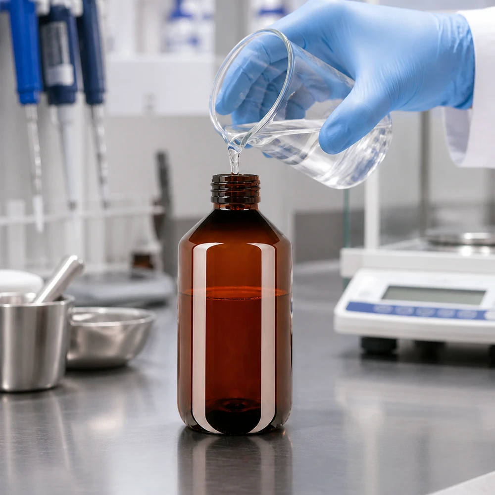 Laborant wlewa przezroczysty płyn do brązowej butelki PET o pojemności 500 ml, mając na rękach niebieskie rękawiczki ochronne