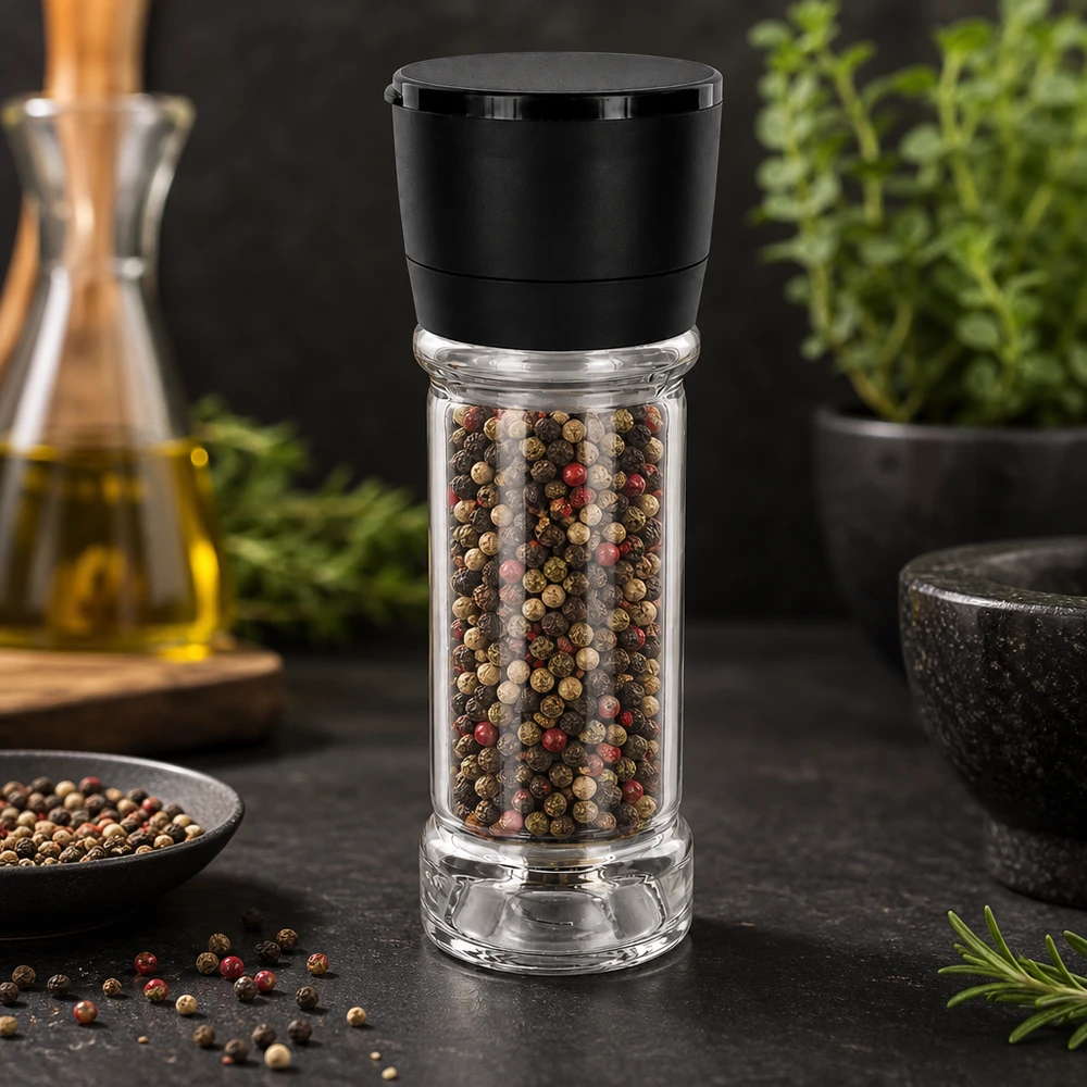 Słoik na sól/przyprawy 100 ml z młynkiem Vario, czarny Słoik na przyprawy o pojemności 100 ml z czarnym młynkiem, wypełniony kolorowymi ziarnami pieprzu na ciemnym tle