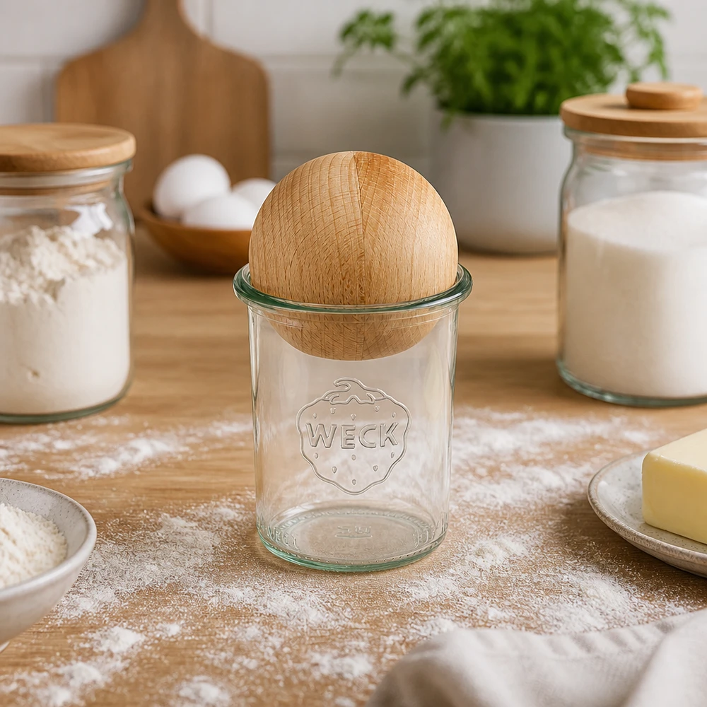 Kubki WECK RR60 160 ml z bukowym korkiem kulkowym ustawione między słoikami z mąką i składnikami do pieczenia w kuchni piekarniczej