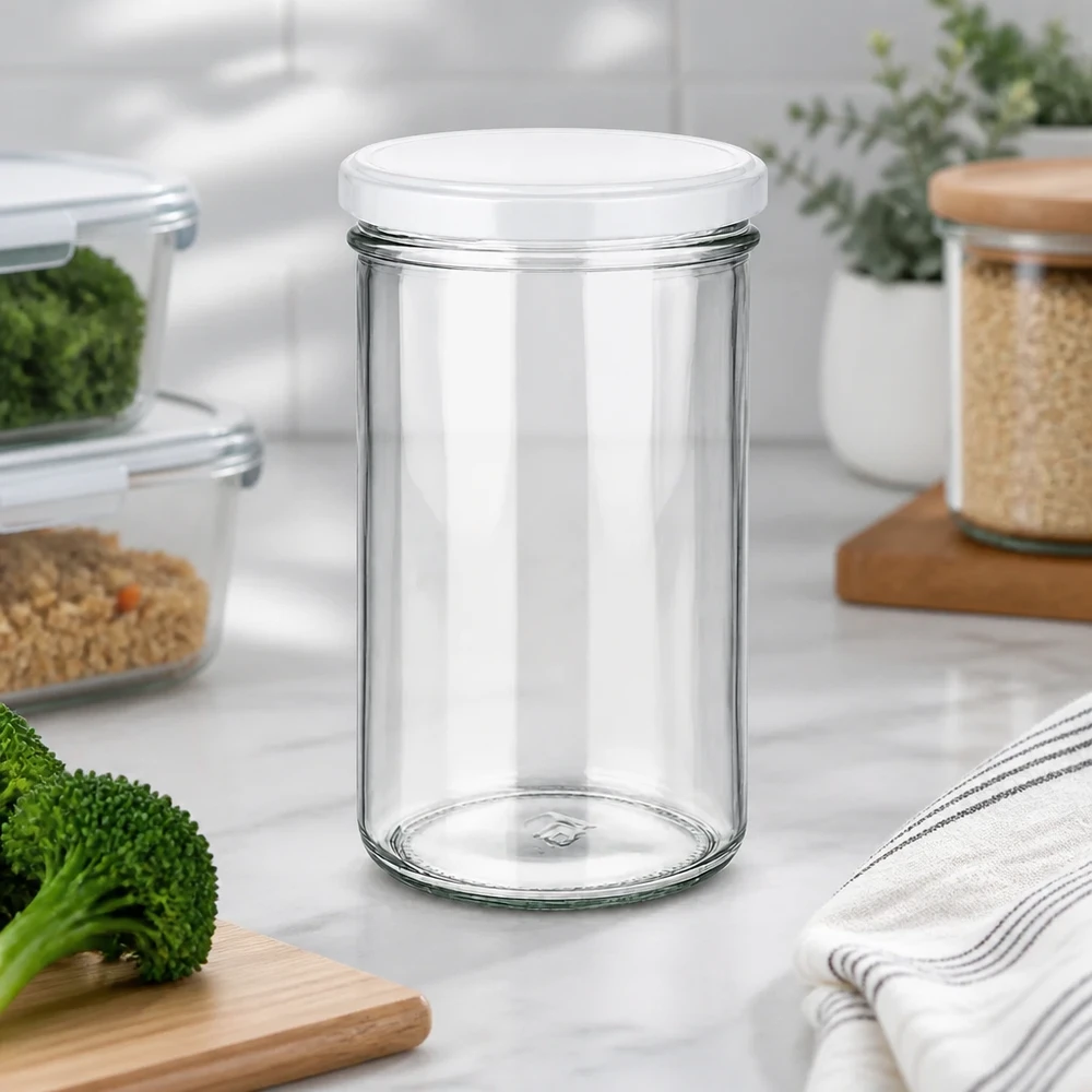 277 ml słoik z pokrywką BasicSeal, biały UN.. 277ml Einmachglas in moderner Küchenumgebung mit Gemüse und Vorratsgläsern - vielseitig für Meal Prep und Aufbewahrung