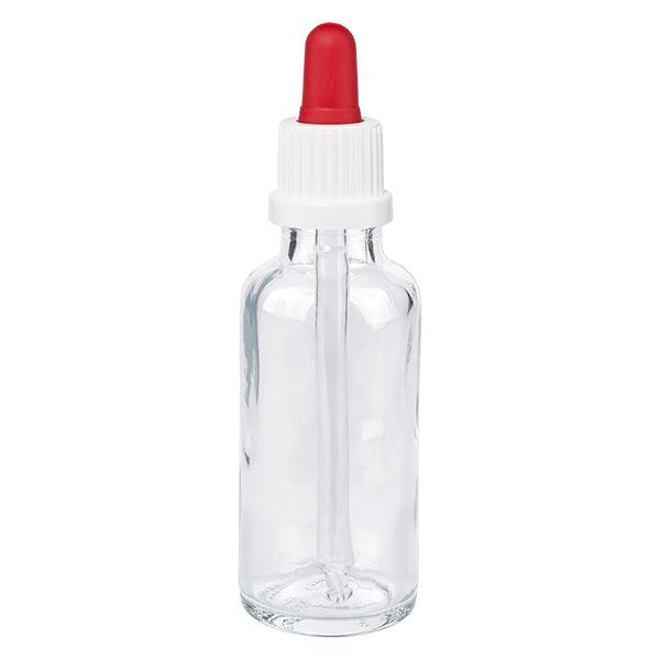 Butelka apteczna przezroczysta 30 ml pipeta biała/czerwona OV Butelka apteczna przezroczysta 30 ml pipeta biała/czerwona OV